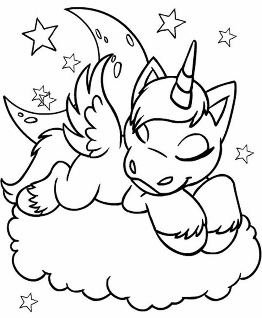 Desenho de Unicórnio Fofo Dormindo na Nuvem para Colorir