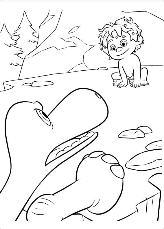 Desenho de o Bom Dinossauro e Spot na Floresta para Colorir