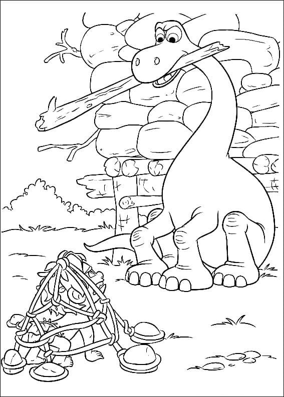 Desenho de o Bom Dinossauro Fazendo Fogueira para Colorir