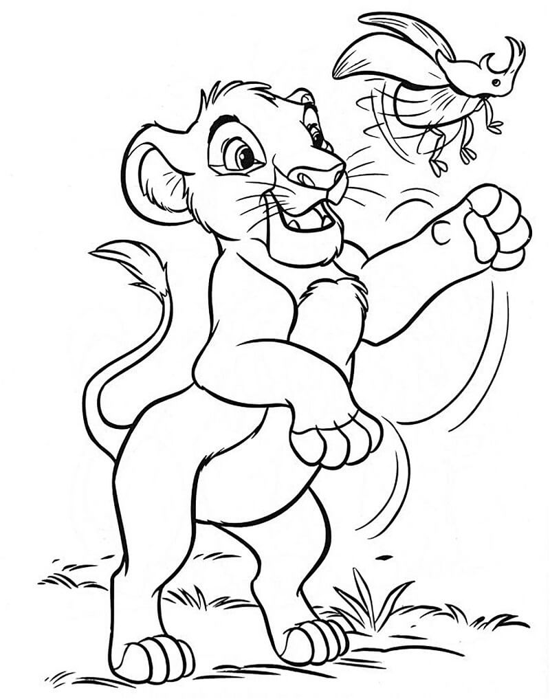 Desenho de Simba Brincando com Besouro Rei Leão para Colorir