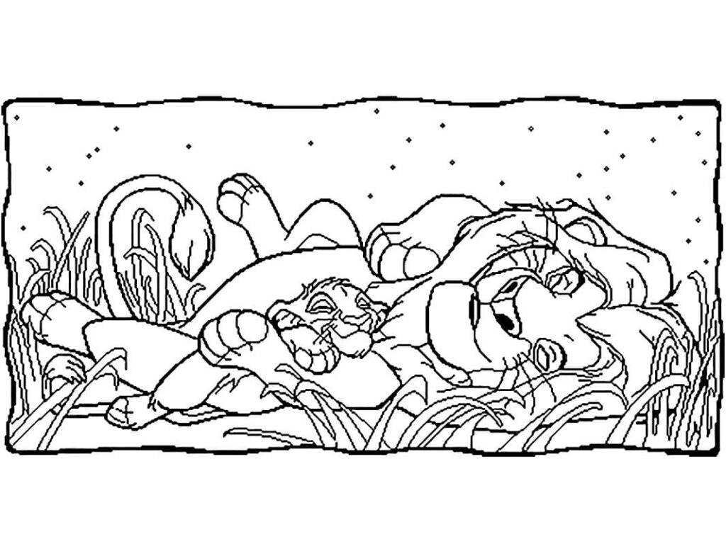 Desenho Simba e Mufasa Dormindo na Savana para Colorir