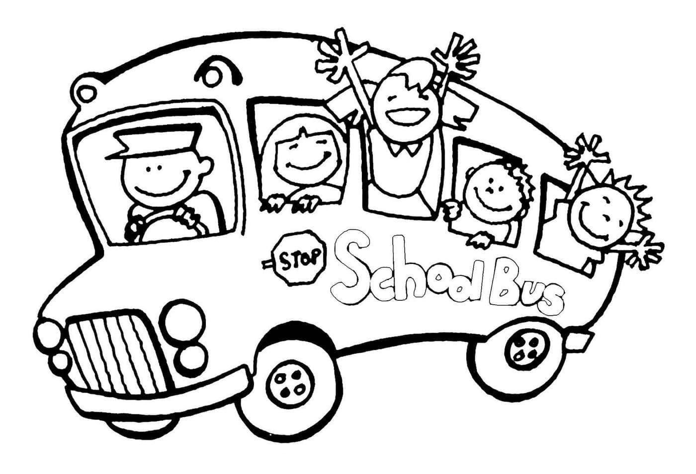 Desenho de Ônibus Escolar com Crianças para Colorir