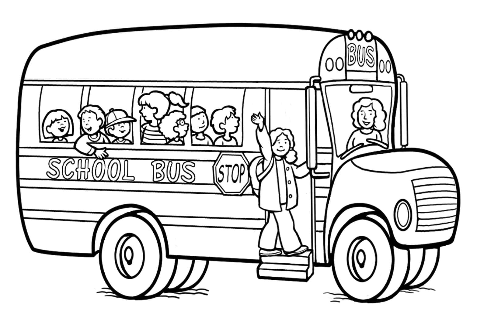 Desenho de Ônibus Escolar com Estudantes para Colorir