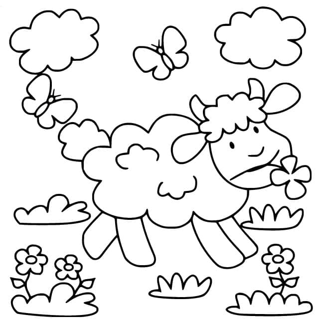 Desenho de Ovelha e Borboletas para Colorir