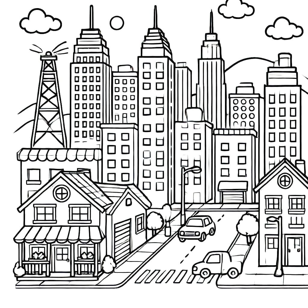 Desenho de Paisagem Urbana Básica para Colorir
