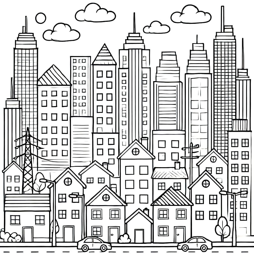 Desenho de Paisagem Urbana Grátis para Crianças para Colorir
