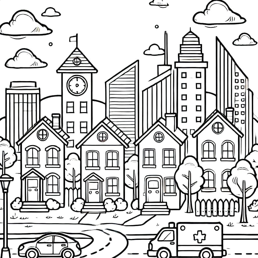 Desenho de Paisagem Urbana Grátis para Colorir