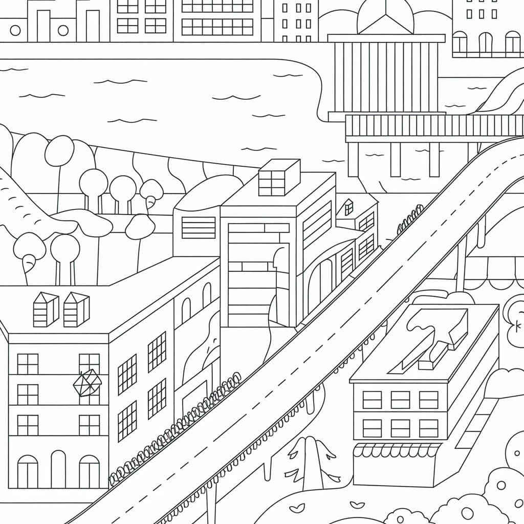 Desenho de Paisagem Urbana Imprimivel Grátis para Crianças para Colorir