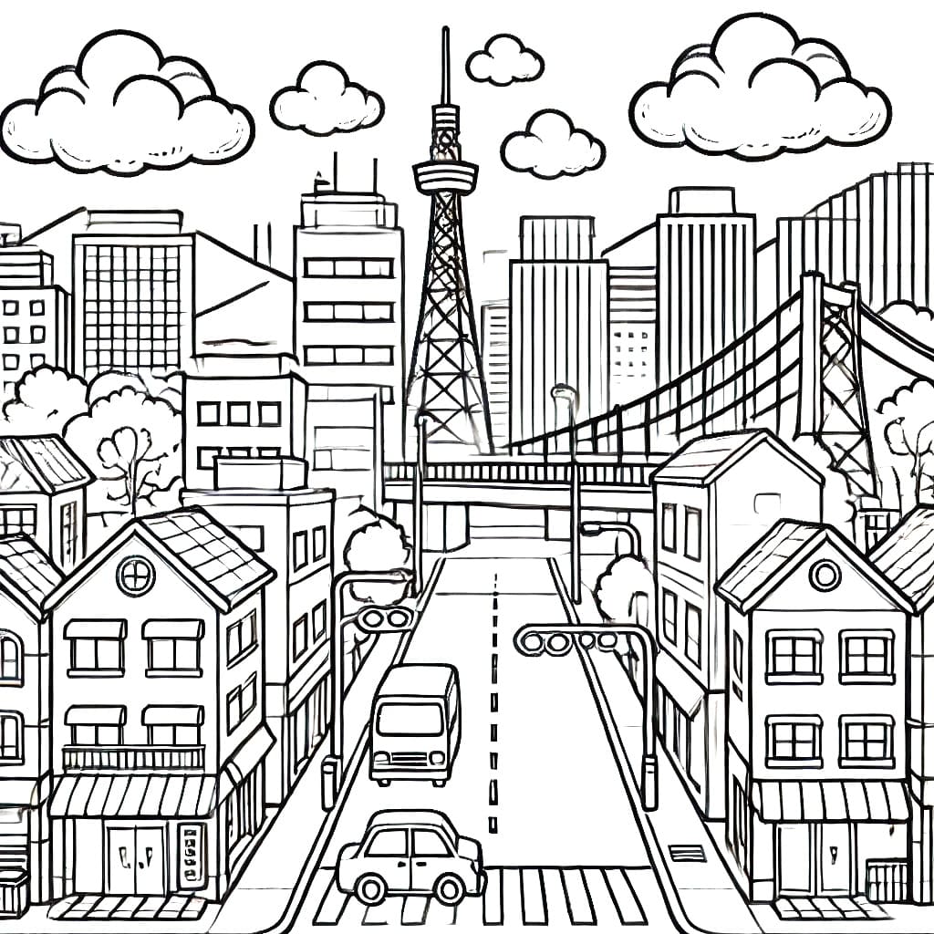 Desenho de Paisagem Urbana Imprimivel para Crianças para Colorir