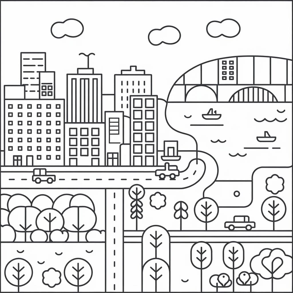 Desenho de Pintura de Paisagem Urbana para Colorir
