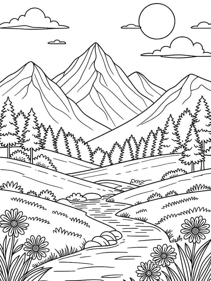 Desenho de Paisagem Natural Grátis para Crianças para Colorir