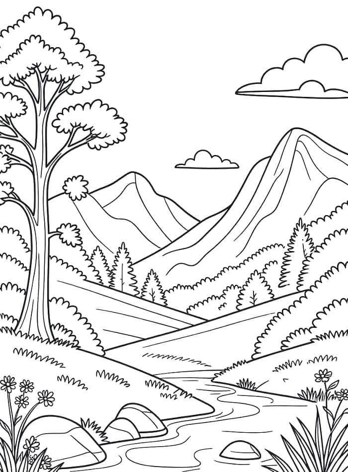 Desenho de Paisagem Natural Imprimivel para Crianças para Colorir