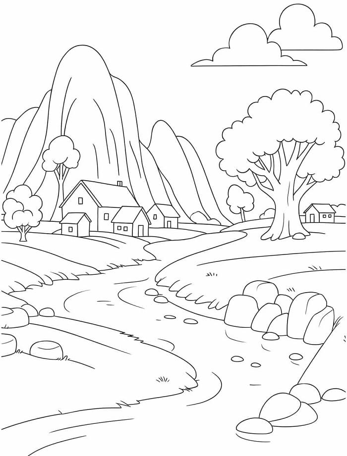 Desenho de Paisagem Natural Relaxante para Colorir