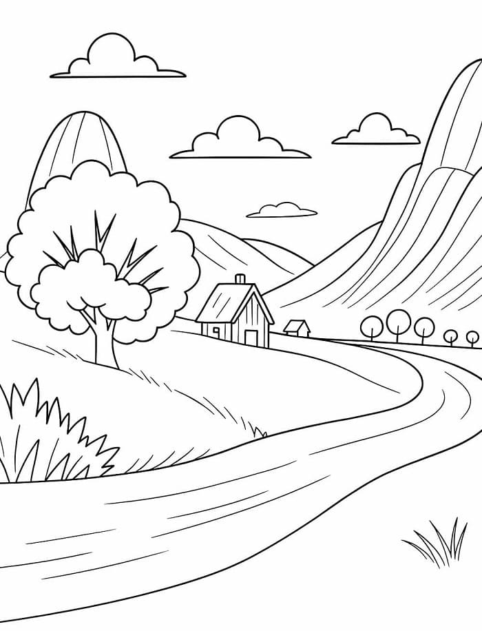 Desenho de Paisagem Natural Simples para Colorir