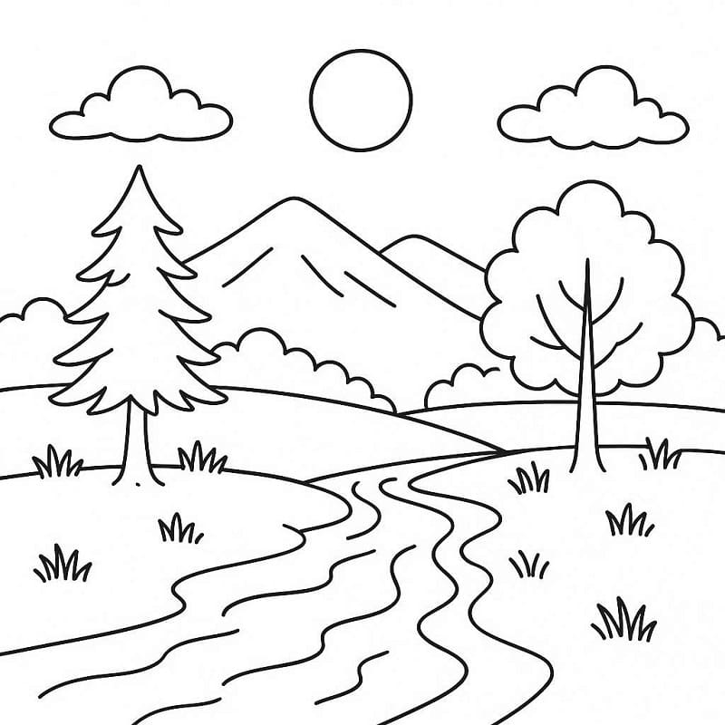 Desenho de Pintura de Paisagem Natural para Colorir