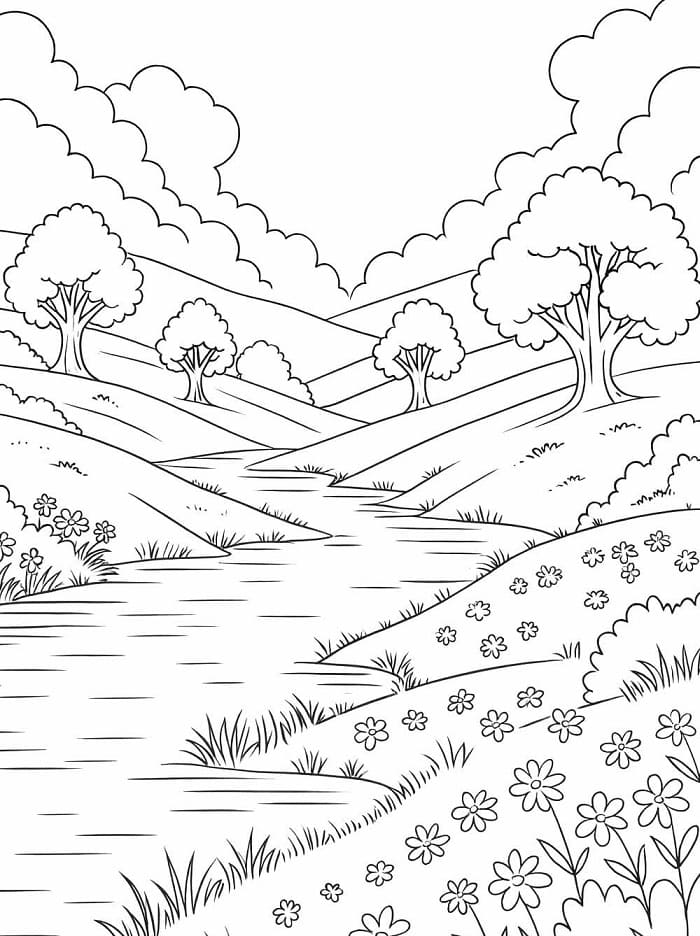 Desenho de uma Paisagem Natural para Colorir