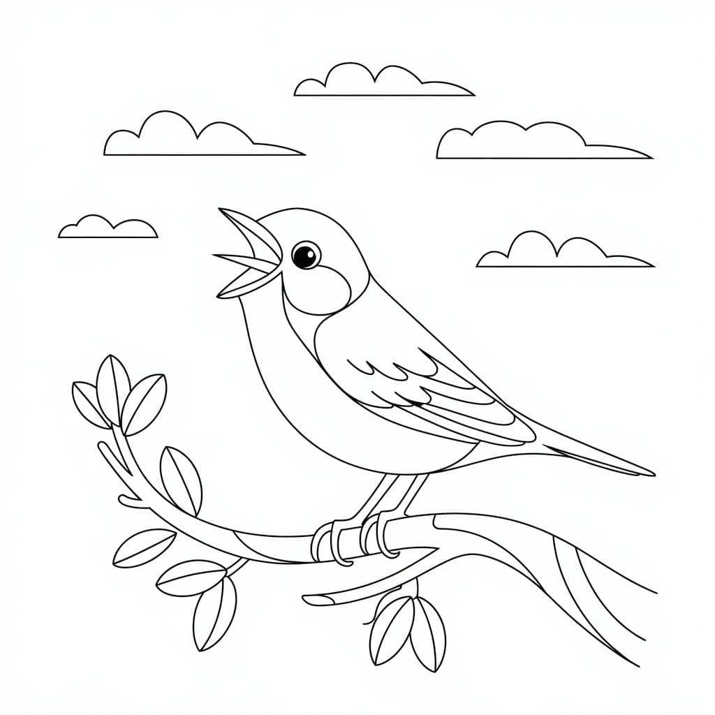 Desenho de Passarinho em um Galho de Árvore para Colorir