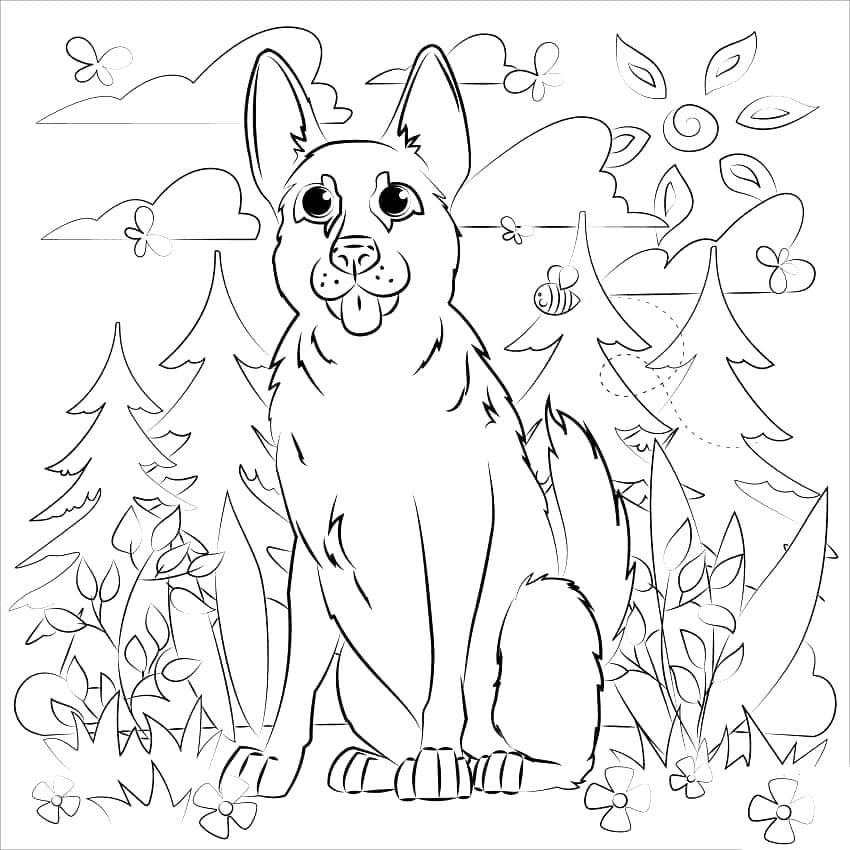 Desenho de Cachorro Pastor Alemão Feliz para Colorir