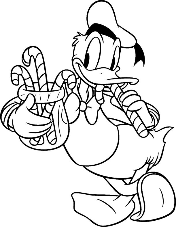 Desenho de Pato Donald Comendo Doces de Natal para Colorir