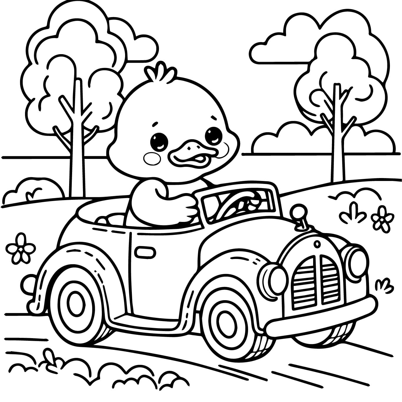 Desenho de Pato Está Dirigindo um Carro para Colorir