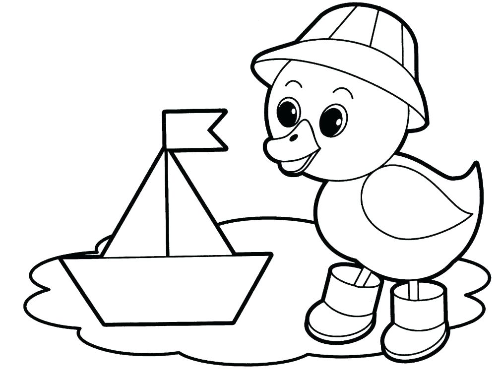 Desenho de Pato Fofo Brincando com Barquinho de Papel na Água para Colorir