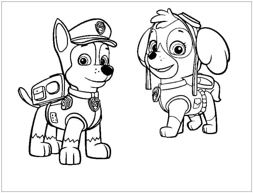 Desenho de Chase e Skye de Patrulhá Canina para Colorir
