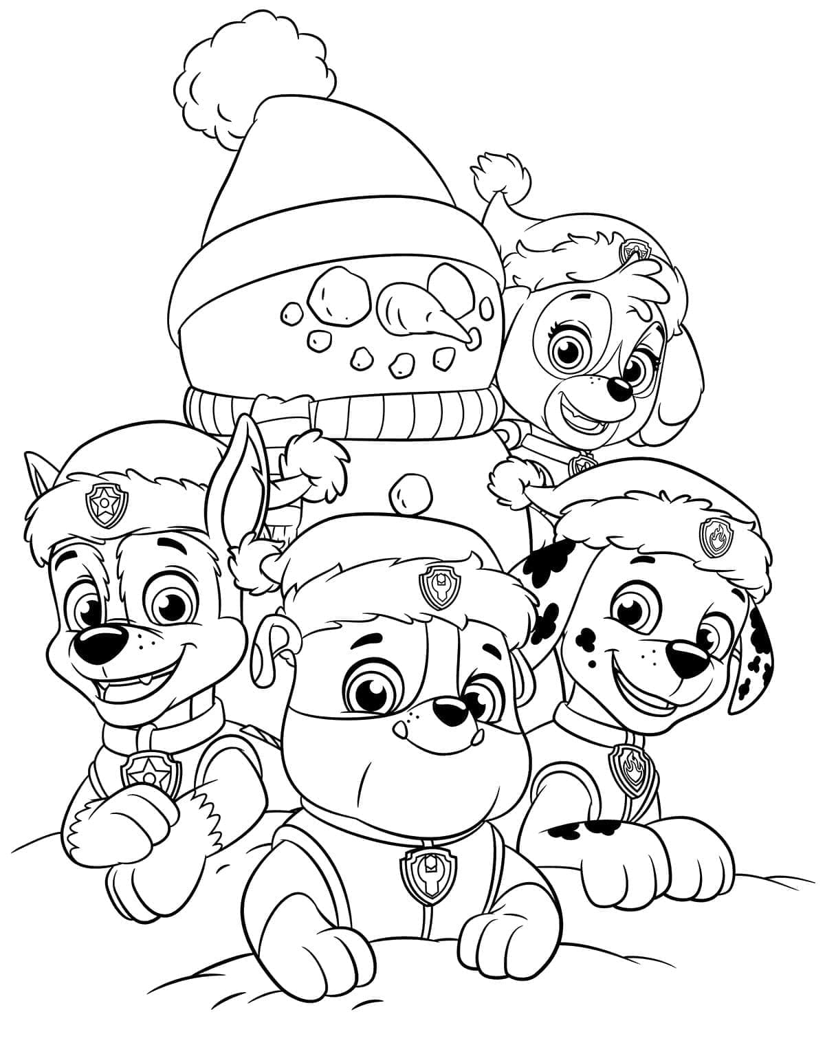 Desenho de Patrulhá Canina e Boneco de Neve para Colorir