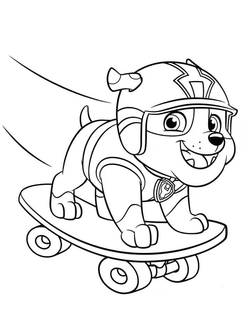 Desenho de Rubble Patrulhá Canina Fofo no Skate para Colorir