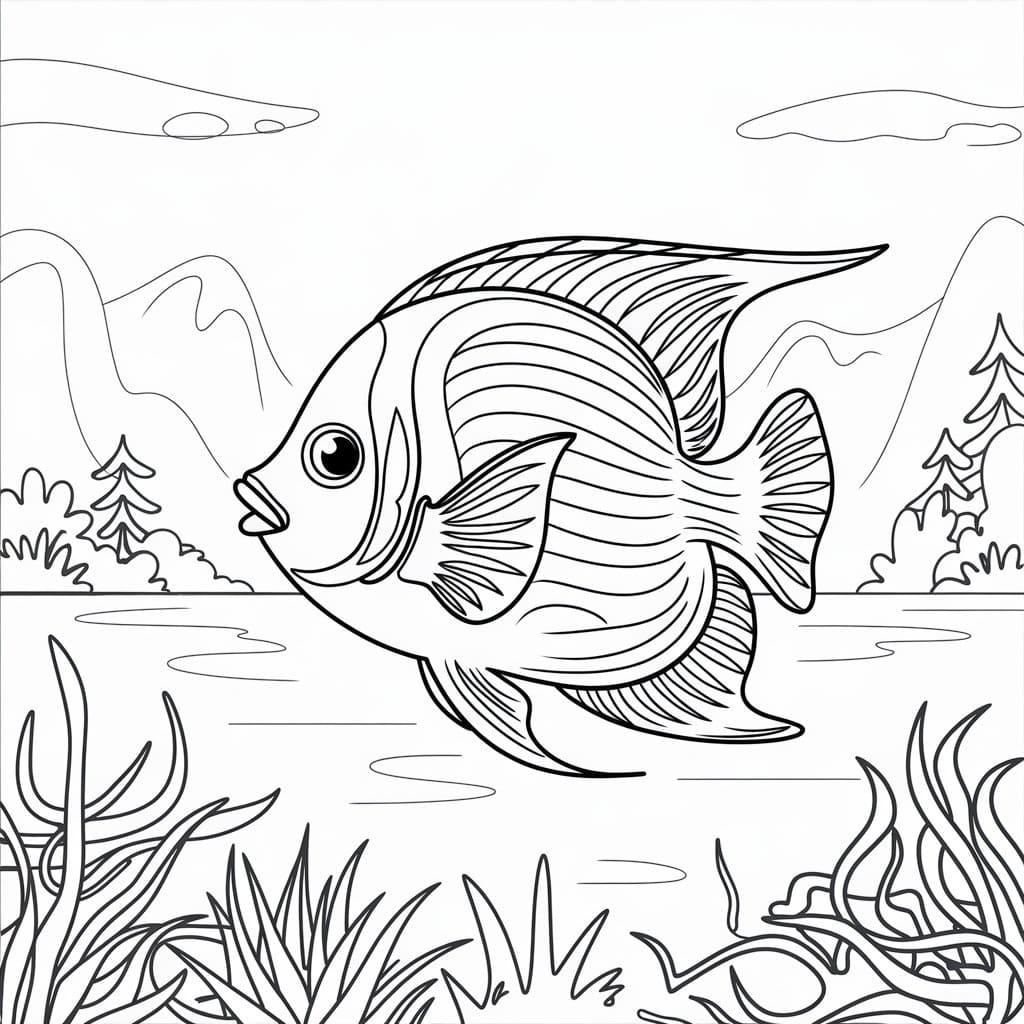 Desenho de Peixe Anjo em Aquário para Colorir