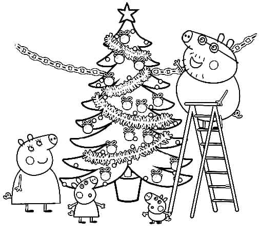 Desenho de Peppa Pig e Árvore de Natal para Colorir