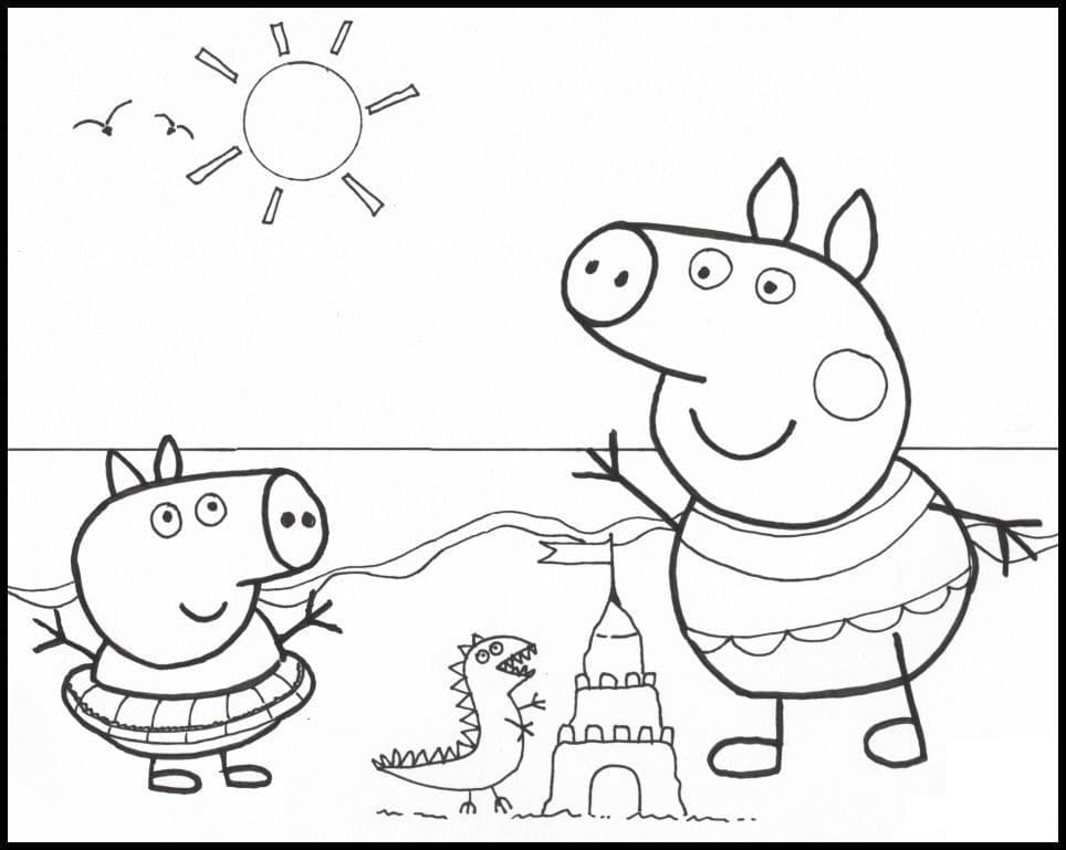 Desenho de Peppa Pig na Praia para Colorir