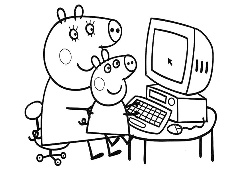 Desenho de Mamãe Pig e Peppa Usando Computador para Colorir