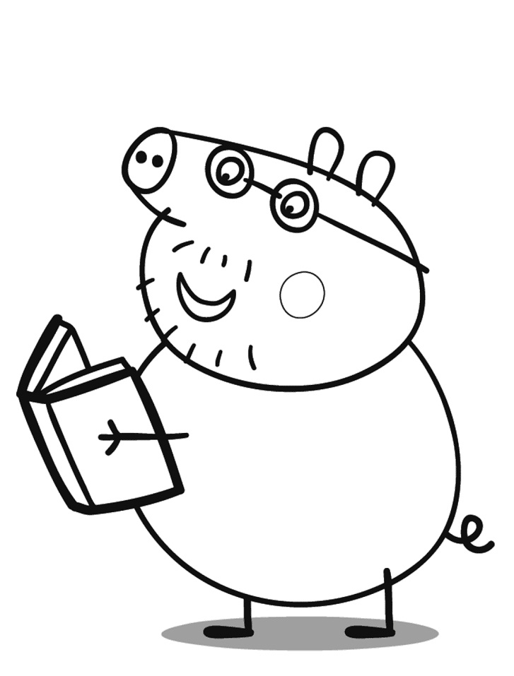 Desenho de Papai Pig Lendo Livro para Colorir