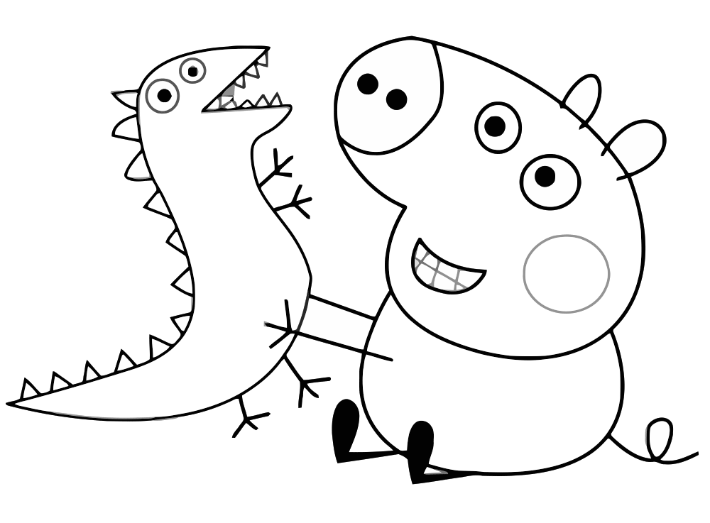 Desenho de Peppa Pig Brincando com Seu Dinossauro de Pelúcia para Colorir