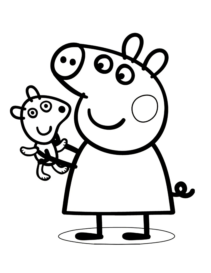 Desenho de Peppa Pig Brincando com Seu Pelúcia para Colorir