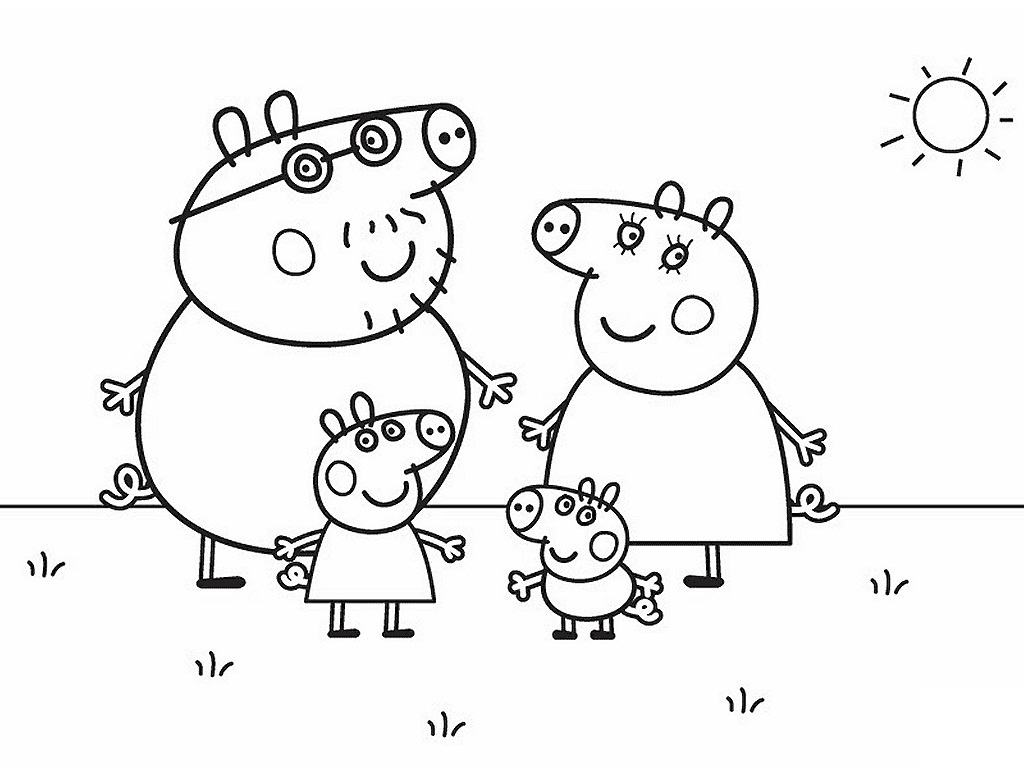 Desenho de Peppa Pig e Suá Família Passeando no Parque para Colorir