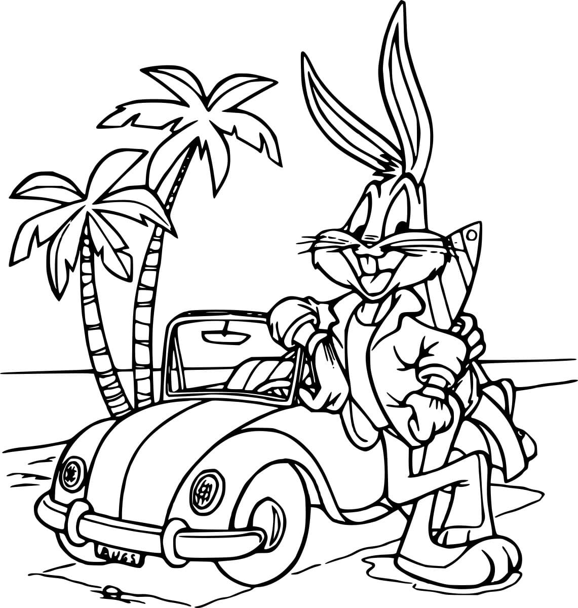 Desenho de Pernalonga e um Carro para Colorir