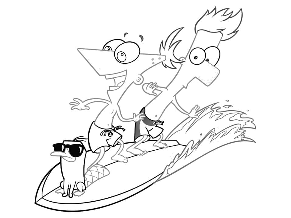 Desenho de Phineas e Ferb Surfando para Colorir