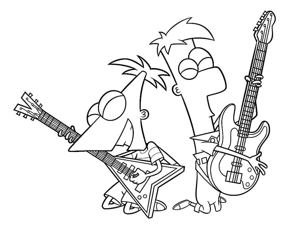 Desenho de Phineas e Ferb Tocam Guitarra Elétrica para Colorir