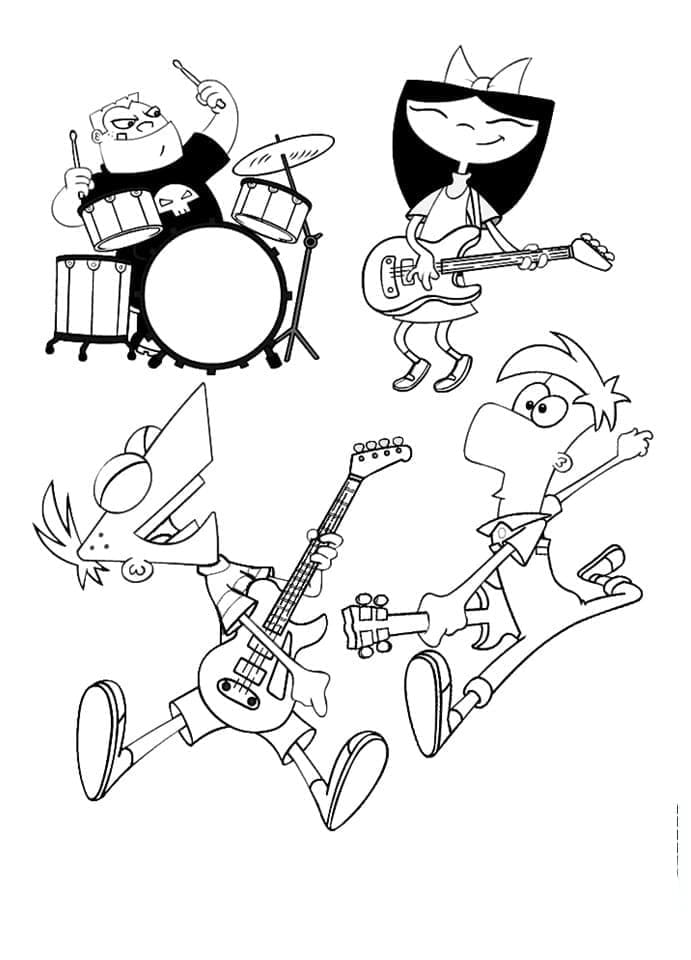 Desenho de Phineas e Ferb com Amigos para Colorir