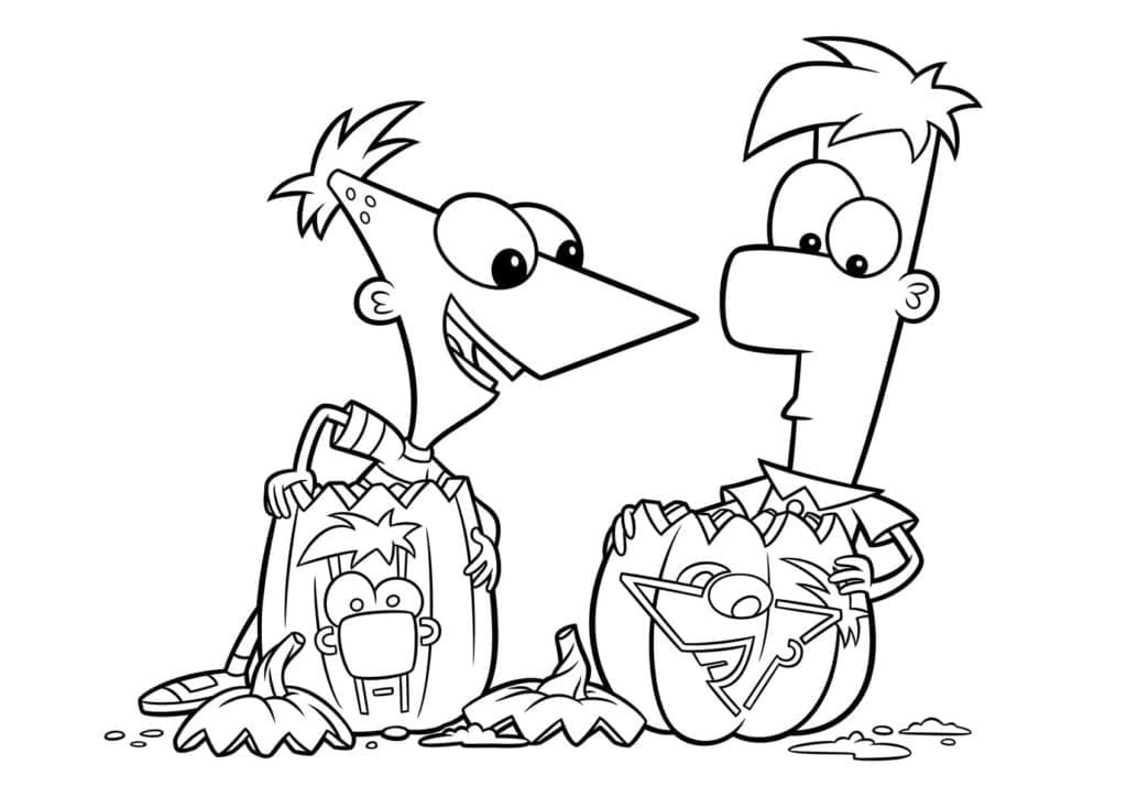 Desenho de Phineas e Ferb no Halloween para Colorir