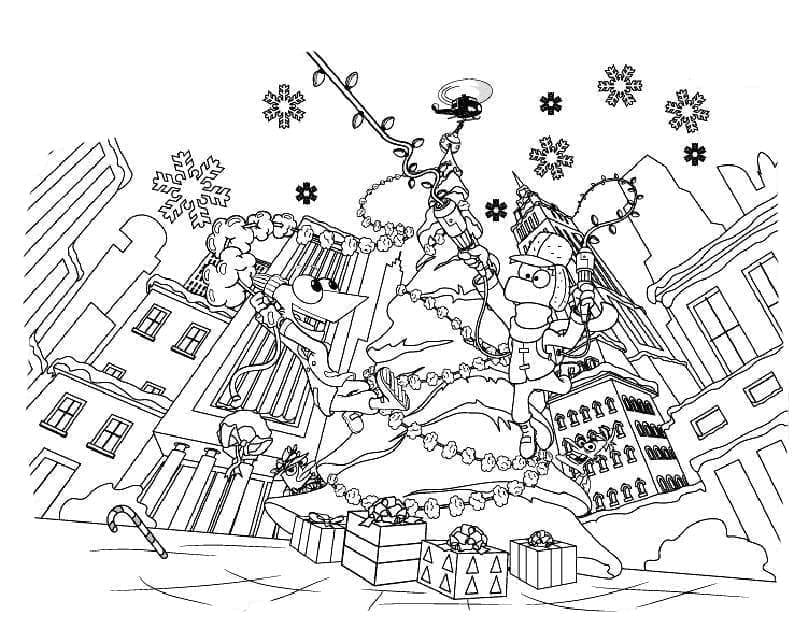 Desenho de Phineas e Ferb no Natal para Colorir