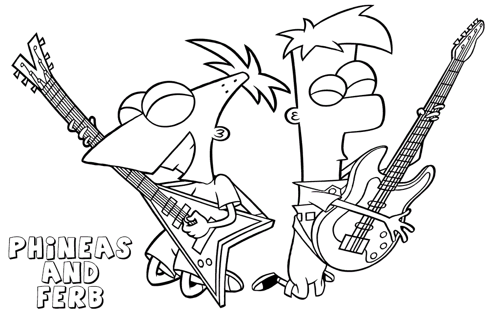 Desenho de Phineas e Ferb Tocando Guitarra A4 para Colorir