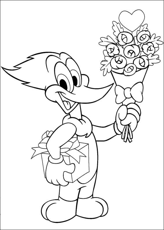 Desenho Picá Pau com Flores e Presente para Colorir
