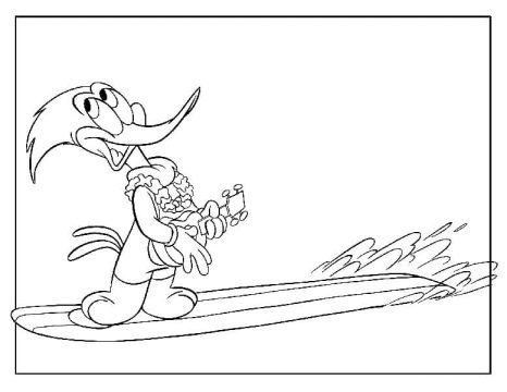 Desenho Pica Pau na Prancha de Surf para Colorir