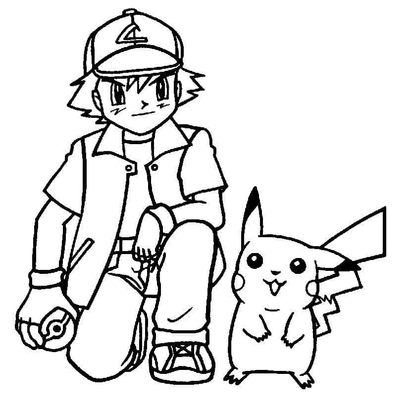 Desenho de Ash Ketchum com Pikachu para Colorir