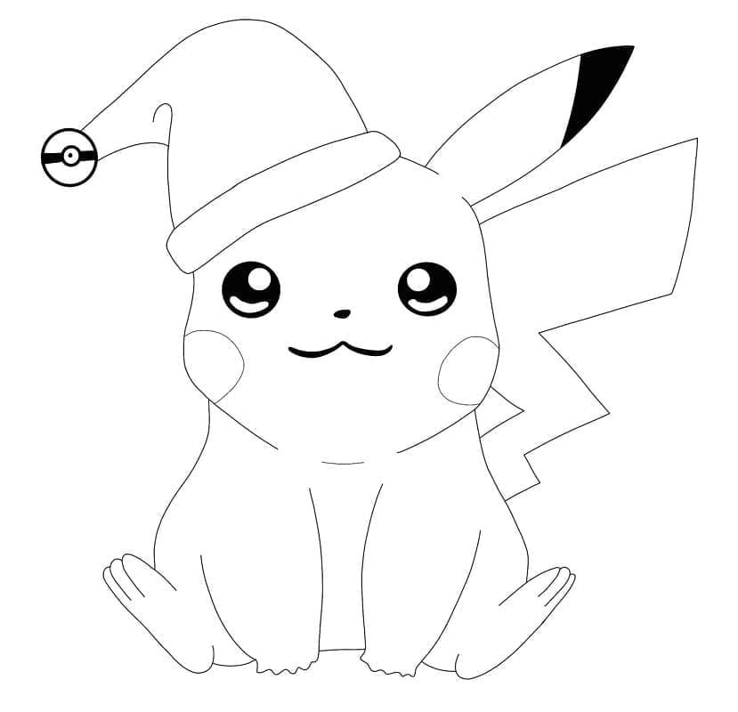Desenho de Pikachu com Chapéu de Papai Noel para Colorir