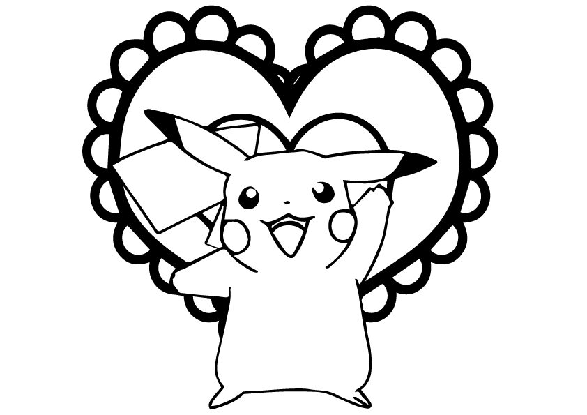 Desenho de Pikachu e Grande Coração para Imprimir Grátis