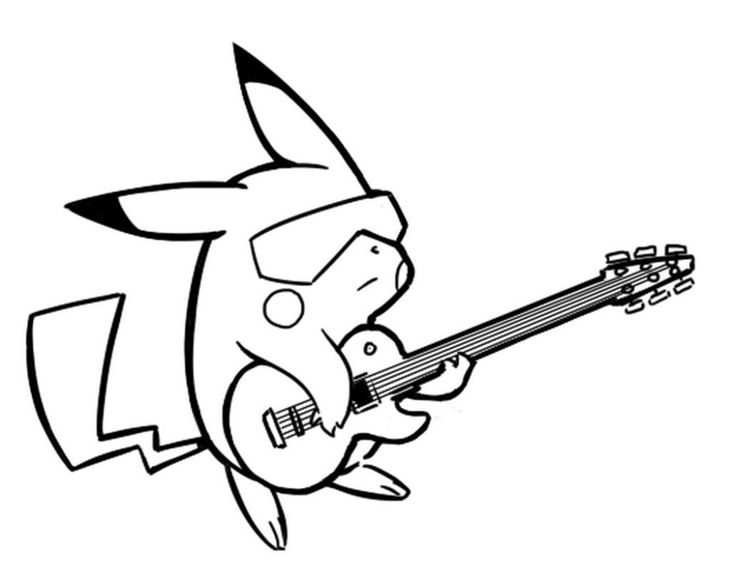 Desenho de Pikachu Tocando Guitarra Muito Bem para Imprimir e Colorir