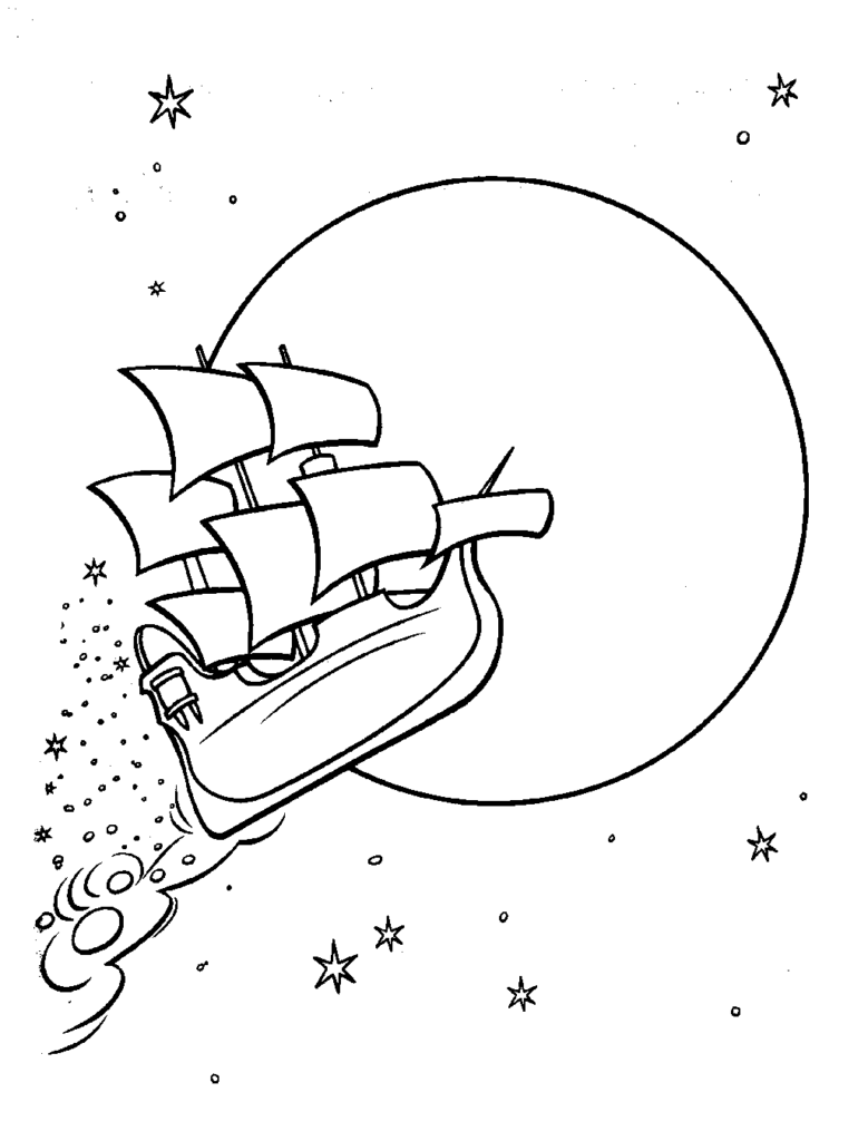 Desenho de Navio Pirata Voando em Frente a Lua para Colorir